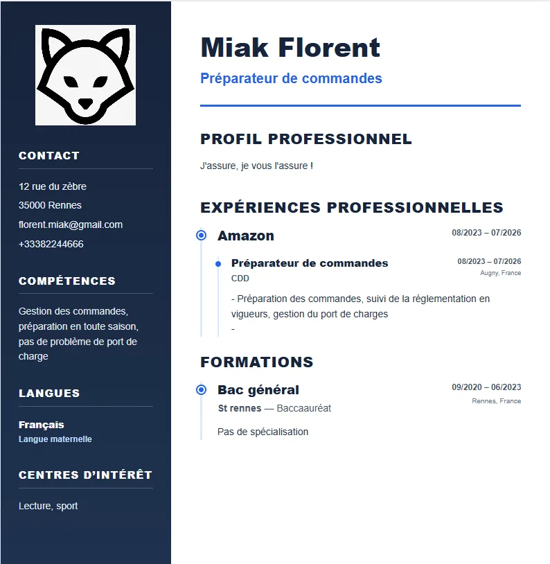 Exemple de CV créé avec Mon Expérience Pro